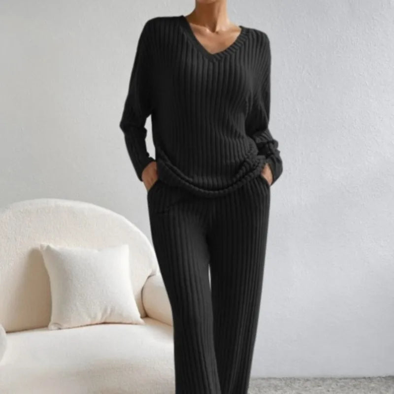 Ribbed V-Neck Two-Piece Set