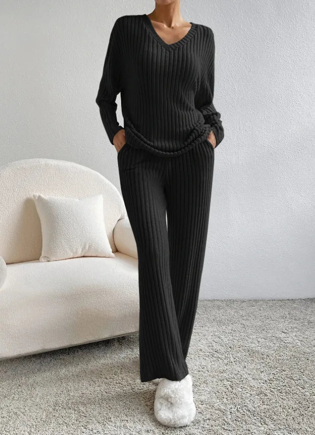 Ribbed V-Neck Two-Piece Set