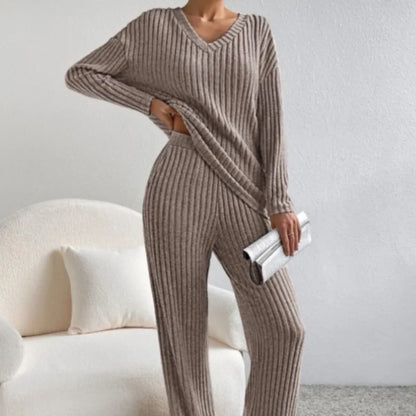 Ribbed V-Neck Two-Piece Set