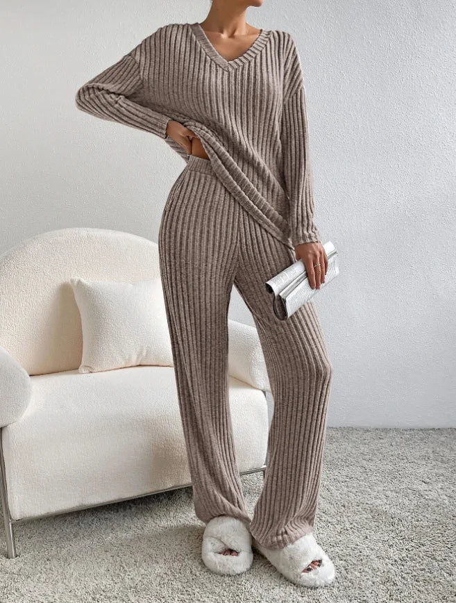 Ribbed V-Neck Two-Piece Set